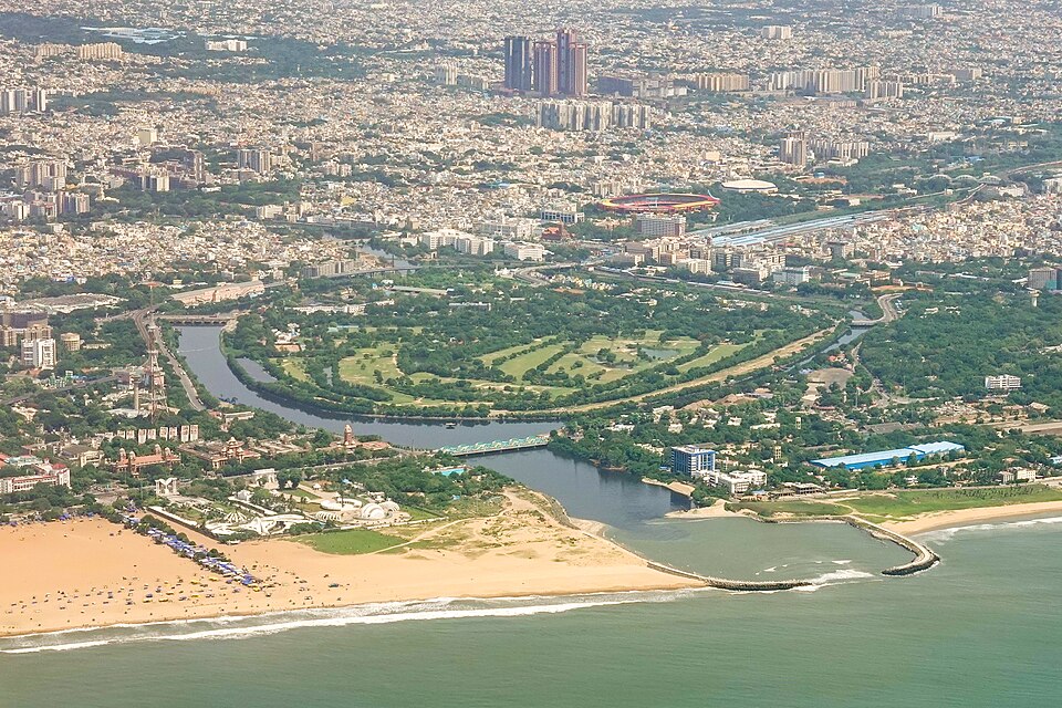 Aerial view of Chennai city and coastline